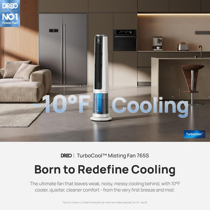 DREO TurboCool Misting Fan 765S, Fans that Blow Cold Air, 10°F Cooling Fan | 34ft/s Fast Evaporative Air Cooler, 6L Tank, 20 dB Quiet DC Motor, 90° Tower Fan with 12 Speeds, 4 Modes for Home, Grey