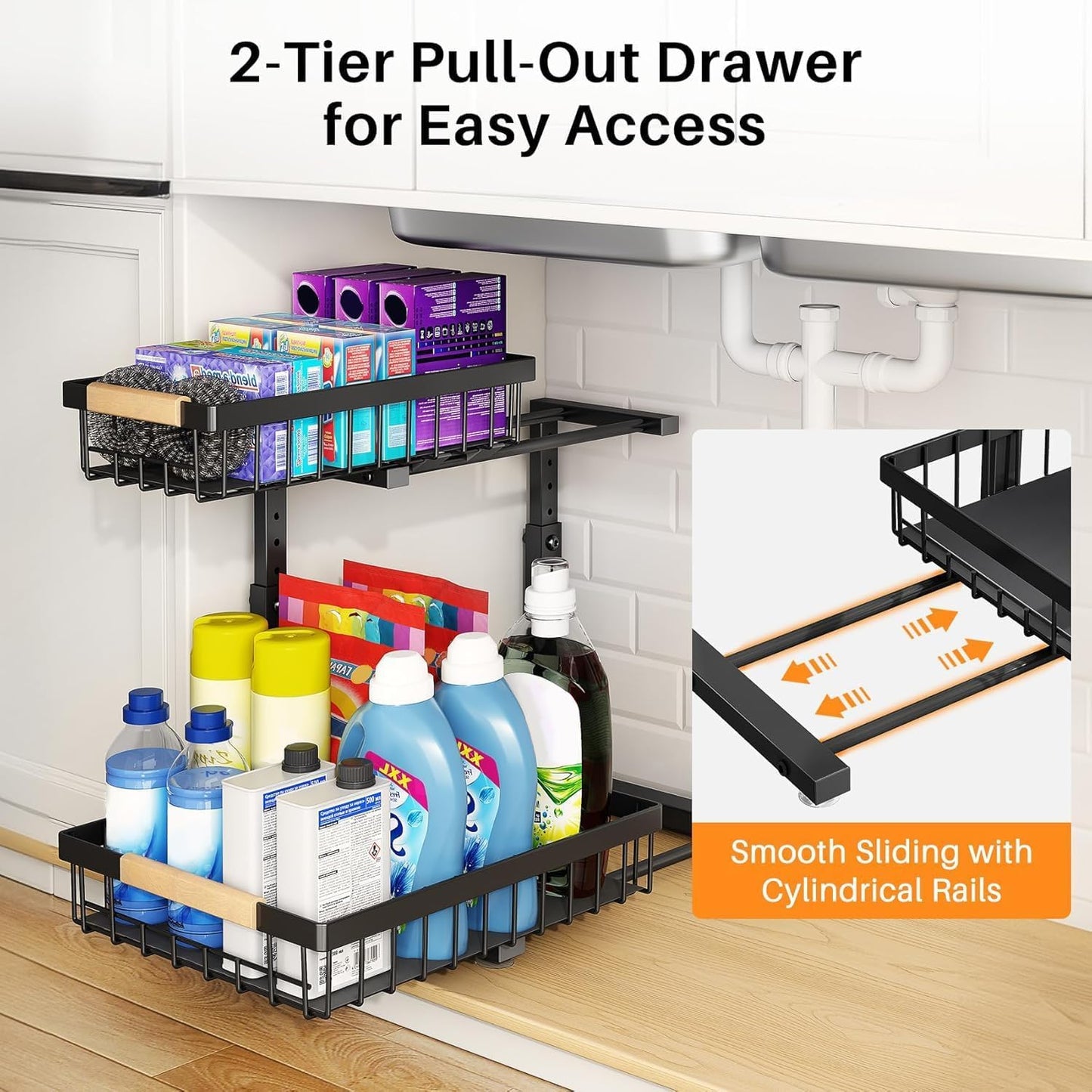 PXRACK Under Sink Organizer, Adjustable Height, 2 Tier Pull Out Under Cabinet Organizer, Slide Out Thickened Metal Under Sink Storage for Kitchen Bathroom Laundry Pantry Cabinet, White, Large-2-Pack