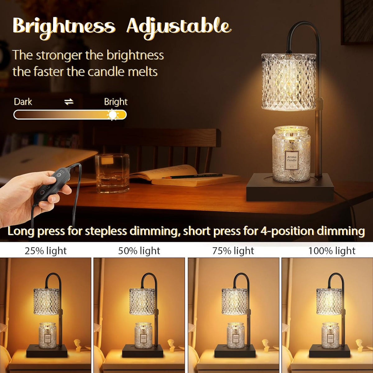 Candle Warmer Lamp with Timer, Electric Candle Warmer for Jar Candles, House Warming Gifts, Modern Home Decor Dimmable Wax Melting Lamp with Large Head, Black, Glass