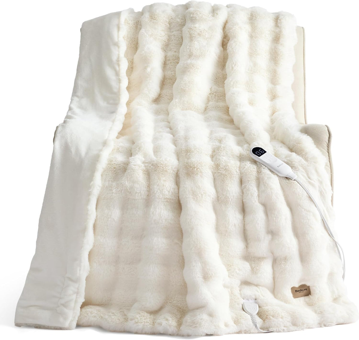 Bedsure Heated Blanket Electric Throw - Thick Striped Fast Heating Electric Blanket with Preheat Function, 6 Heat & 6 Timer (Up to 10H), 8H Auto Off, ETL Certified, Gifts for Women (50"x60", White)