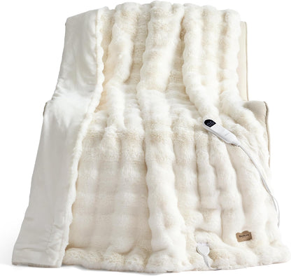 Bedsure Heated Blanket Electric Throw - Thick Striped Fast Heating Electric Blanket with Preheat Function, 6 Heat & 6 Timer (Up to 10H), 8H Auto Off, ETL Certified, Gifts for Women (50"x60", White)