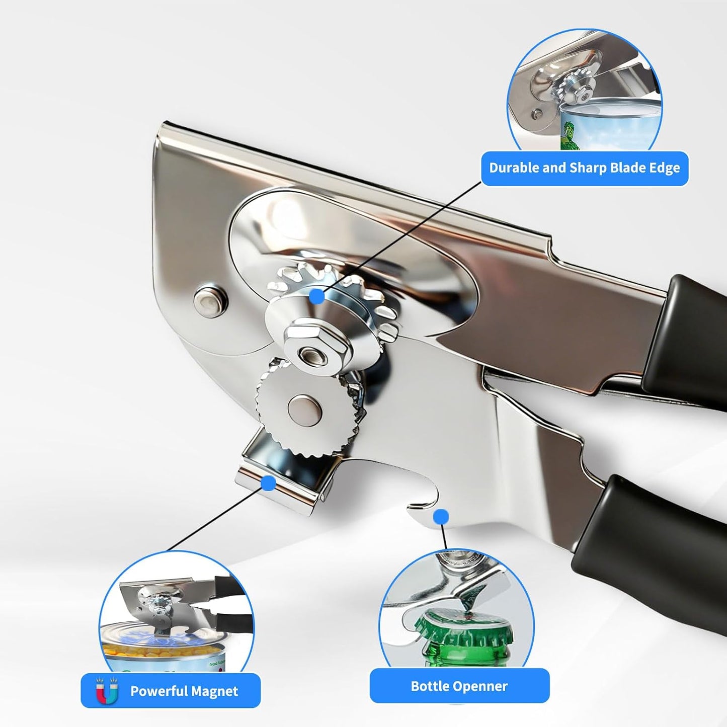 Manual Can Opener for Seniors & Arthritis, Smooth Safe Edge | Effortless long non-slip grips for weak hands. Magnetic lid lifter, fits all standard cans for daily home use.