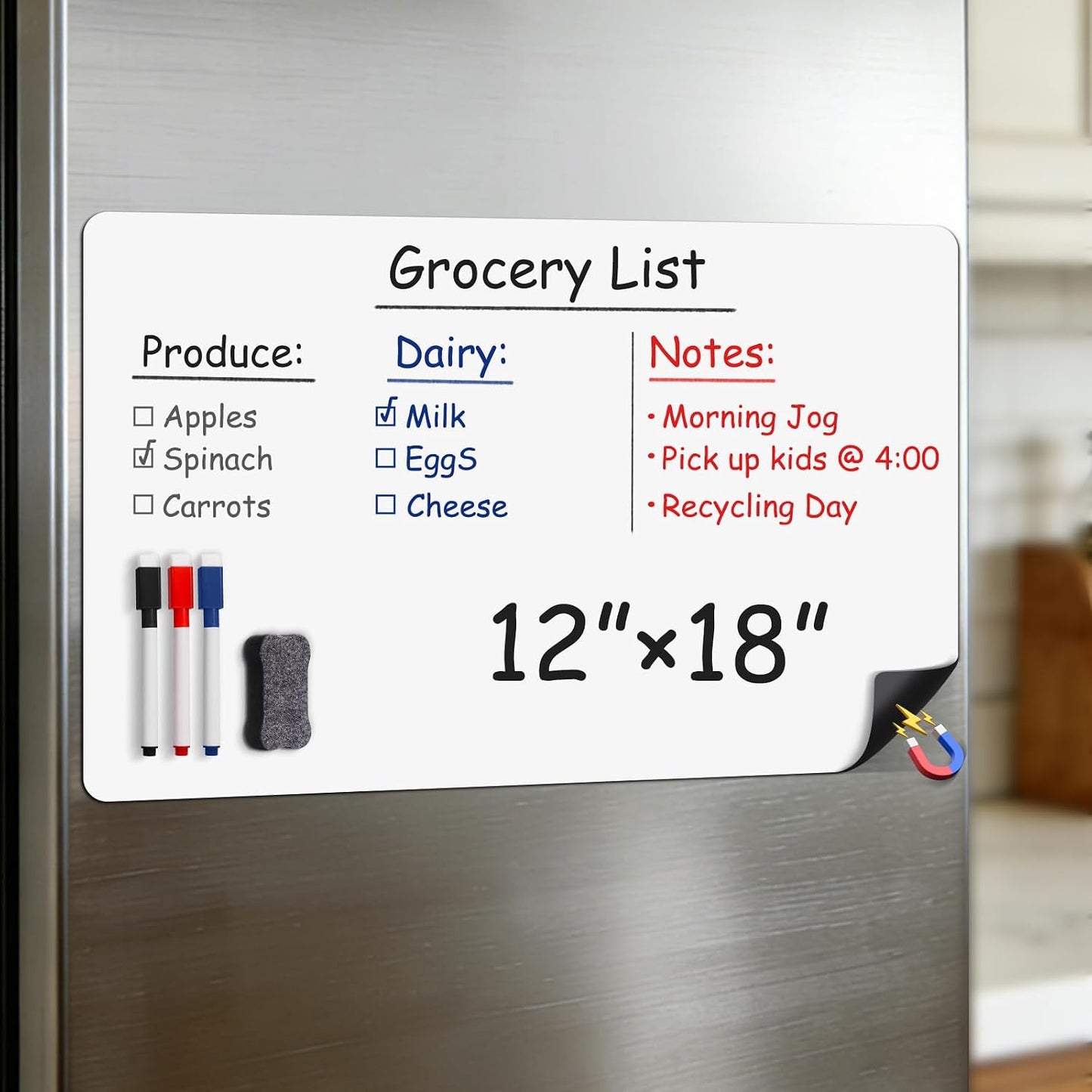 Magnetic White Board for Refrigerator Plan Weekly Menus at a Glance | Dry Erase Sheet for Meal Schedules - 12" x 8" Kitchen Command Center for Busy Moms with Magnet Backing Packed Flat
