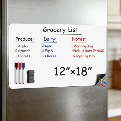 Magnetic White Board for Refrigerator Plan Weekly Menus at a Glance | Dry Erase Sheet for Meal Schedules - 12" x 8" Kitchen Command Center for Busy Moms with Magnet Backing Packed Flat