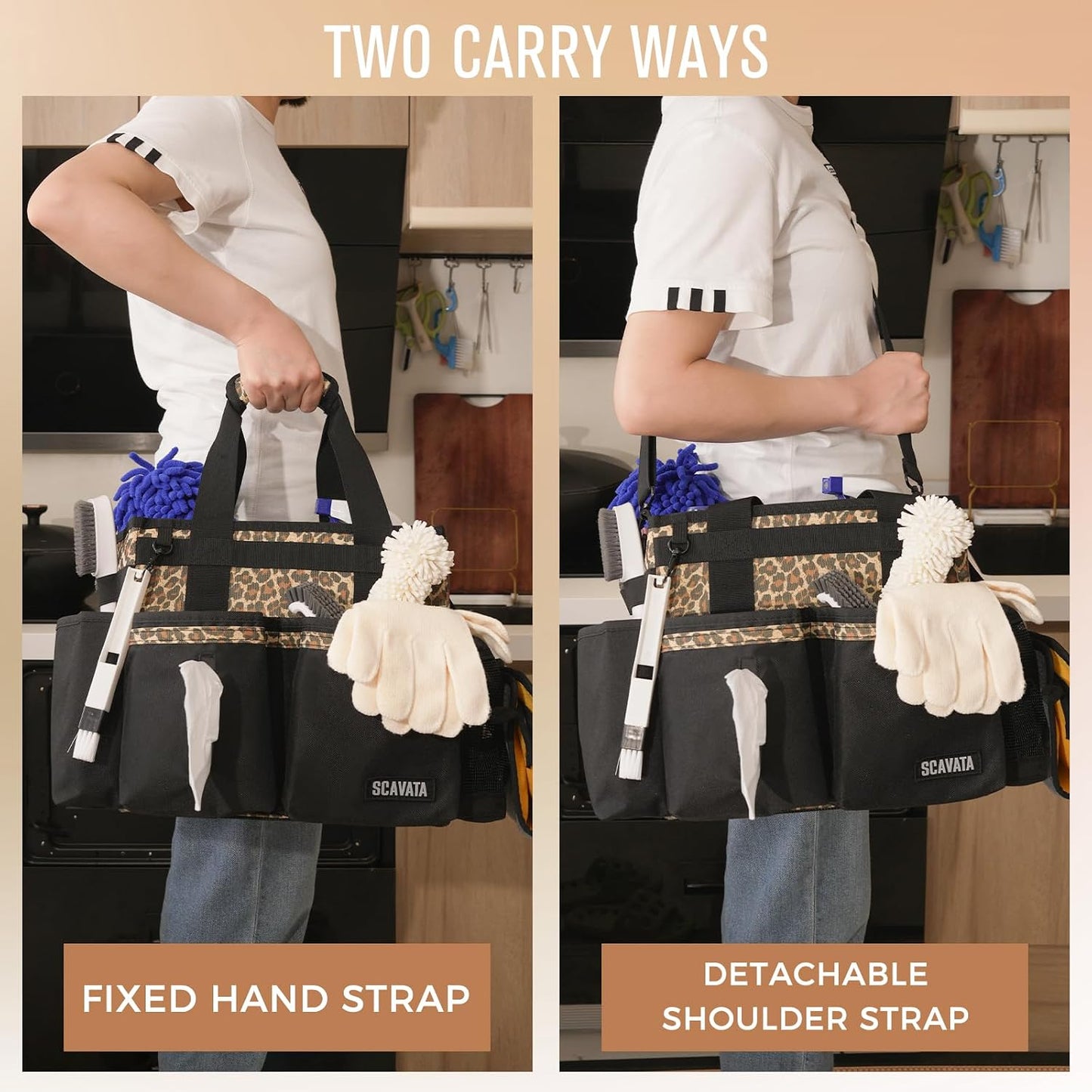 SCAVATA Compact Wearable Cleaning Caddy with Handle & Shoulder Straps | Small Cleaning Supplies Organizer, Under Sink & Car Cleaning Tools Storage Bag for Housekeepers Cleaners, Black