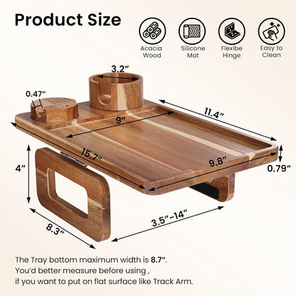 Acacia Wood 3 in 1 Couch Arm Tray with Cup and Phone Holder | Clip-On Couch Desk,Foldable, Non-slip,No Assembly，for Drinks Snacks Phone，Remote Control