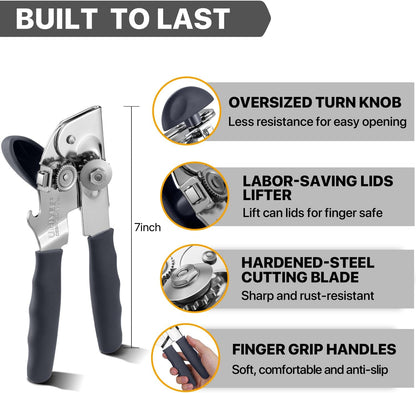 UHIYEE Heavy Duty Hand Can Opener with Comfortable Grip for Seniors, Black | Manual Can Opener, Hardened Steel Blade, Rubber-Coated Handle, Oversize Knob, Built-in Magnet & Bottle Opener