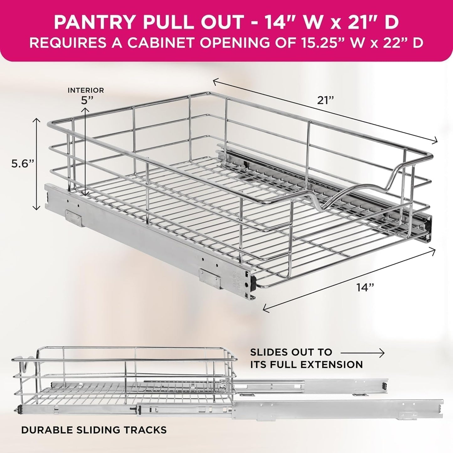 HOLDN’ STORAGE Pull Out Cabinet Organizer, Pantry Drawer, 14"W x 21"D x 5"H | Heavy-Duty Full-Extension, Roll Out Shelf for Pots, Pans & Under Sink Storage, Chrome, Require a 15.25"W Cabinet Opening