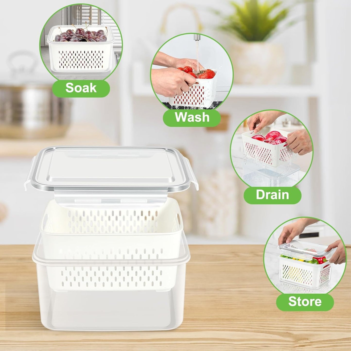 TBMax Fruit Storage Containers for Fridge Organizers and Storage, 4 Pack Large Produce Saver with Airtight Lid & Colander for Berry Lettuce Salad Vegetable Storage, Refrigerator Organizers
