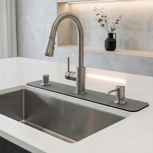 Cuttable Kitchen Sink Faucet Mat: 2PCS 30"Lx5.5"W DIY Splash Guard for Irregular Sink 2, 3 holes, Soap Dispenser & Air Gap - Bathroom Counter Protector Drip Catcher with Pre-Cut Center Hole, Grey