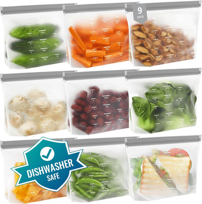 IDEATECH Reusable Bags Dishwasher Safe, BPA Free Reusable Gallon Freezer Bags, Stand Up Leakproof Food Storage Bags for Marinate Meats, Salad Fruit, Vegetables, Home Organization -Gray 6 Large Bags