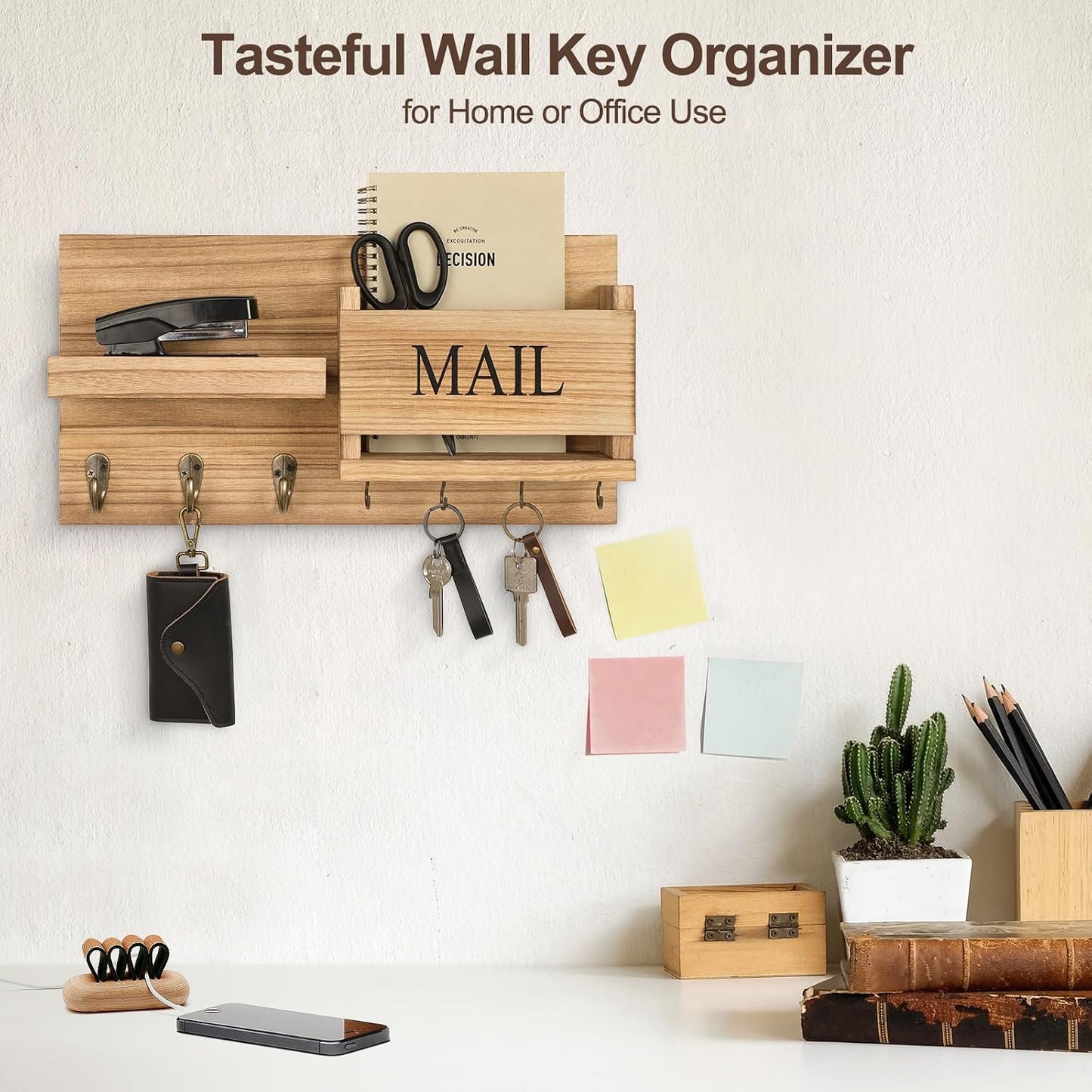 Lwenki Mail Organizer for Wall Mount – Key Holder with Shelf Includes Letter Holder and Hooks for Hallway Farmhouse Decor – Rustic Wood with Flush Mounting Hardware (16.5” x 9.1” x 3.4”) (White)