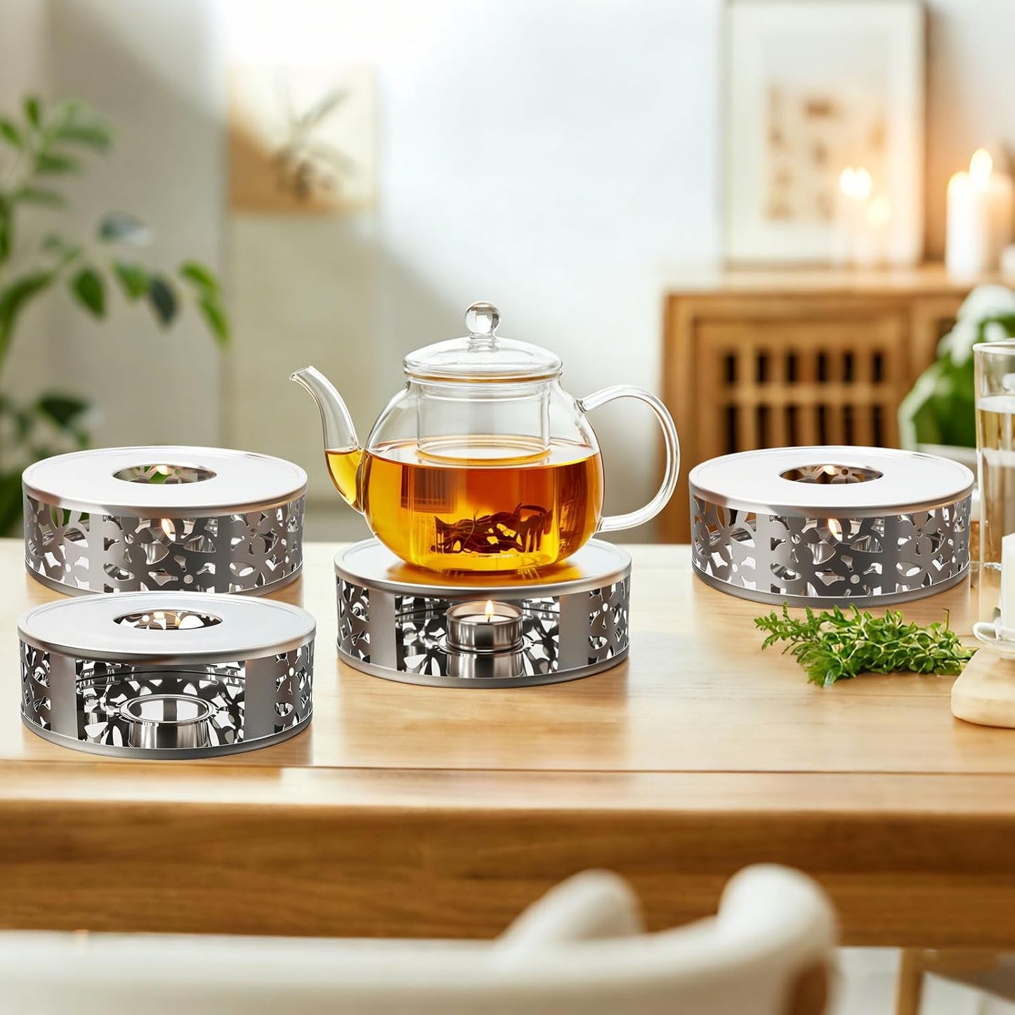 Tea Warmer Petals Silhouette, 4 Pack | Stainless Steel Teapot Warmer, With Tealight Holder
