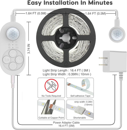 Dual Motion Sensor Light Indoor - Plug-in Adjustable LED Step Stair Light Strip with Double Sensor Detection, Timer & Dimmer for Staircase, Hallway, Bedroom (16.4FT 3000K Warm White)