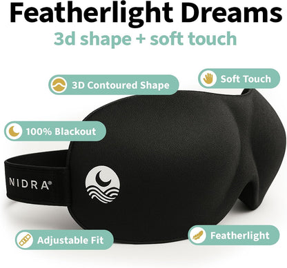 Nidra Contoured Sleep Mask for Side Sleepers – Zero Pressure Fit, Light Blocking Eye Shade for Sleeping & Travel – Black, Standard Size