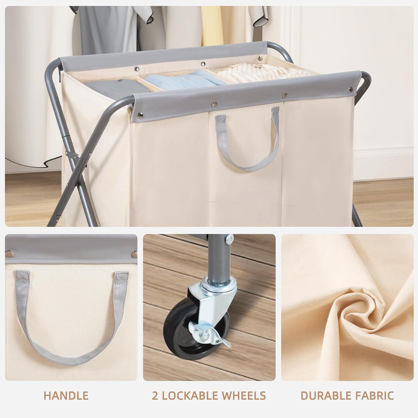 STORAGE MANIAC 160L Collapsible Laundry Hamper with Wheels, Rolling Laundry Basket, Heavy Duty Cloth Sorter with Removable Bag, Folding X Frame Clothes Organizer Cart for Easy to Store, 3 Section
