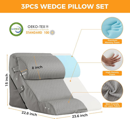 Ruqmuis 3PCS Wedge Pillow Set for After Surgery, Adjustable Back Pillow for Bed Sitting up, Acid Reflux, Bed Wedge Pillow Headboard for Sleeping & Snoring, Orthopedic Pillow for Post Surgery, White