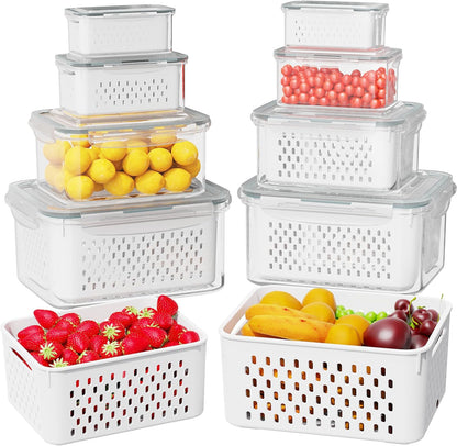 Dayacoco Fruit Storage Containers for Fridge 4 Pcs with Drain Basket | Fridge organizers & storage - 4 fruit containers w/ drain baskets, BPA-free PP, leak-proof seal, stackable, DW/MW safe.