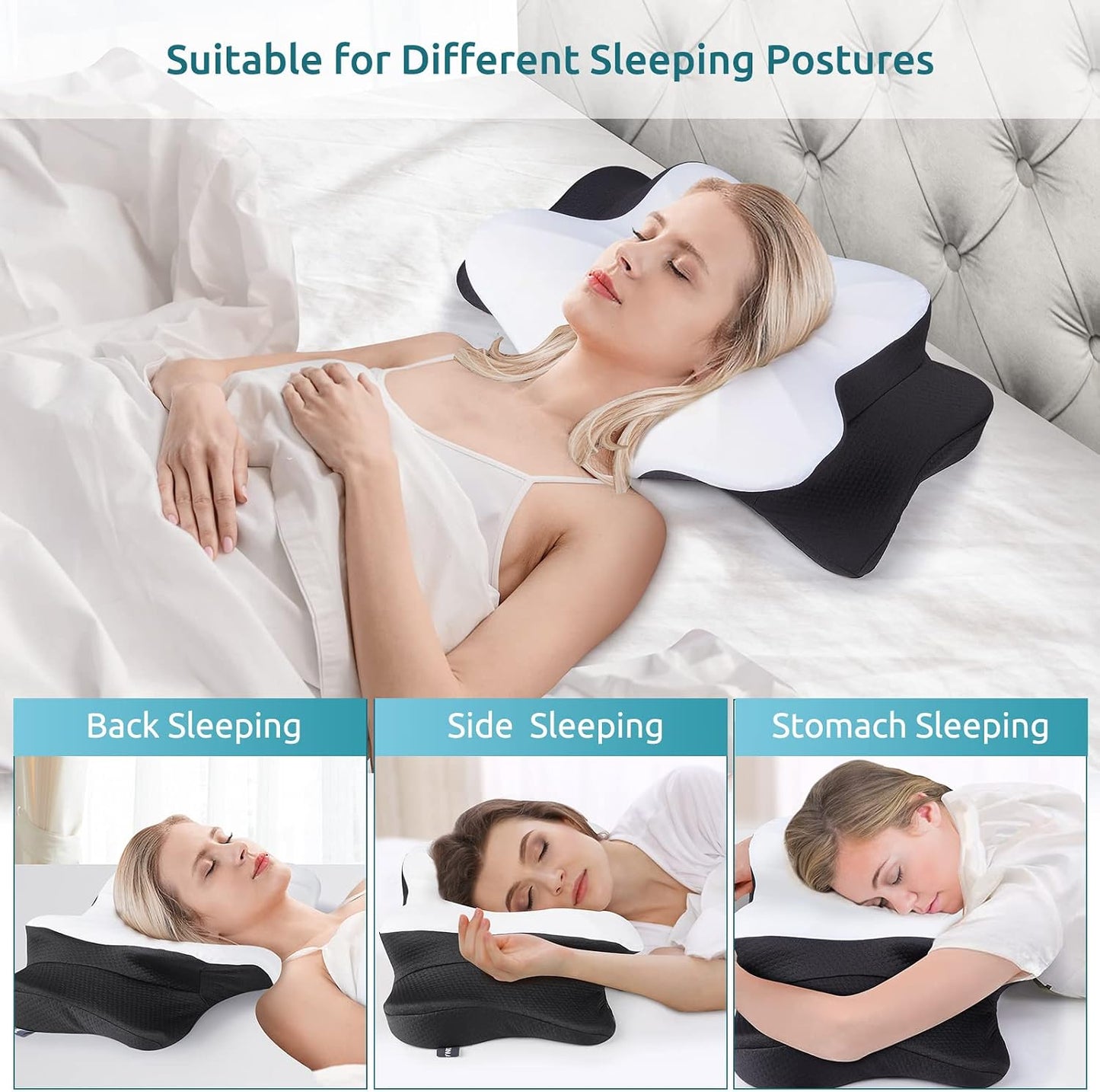 DONAMA Contour Cervical Neck Pillow for Neck Pain Relief | Queen,Ergonomic Dual-Height,Odorless Memory Foam,Side/Back/Stomach Sleepers,Cooling Hypoallergenic Cover,OEKO-TEX Certified