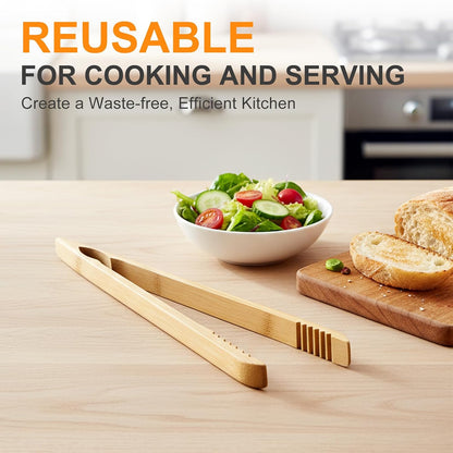 2 Pack Premium Bamboo Toaster Tongs, 10 Inches Natural Wooden Tongs with Serrated Tips for a Secure Grip on Toast, Bagels, Pastries, and Salads, Reusable for Cooking & Serving
