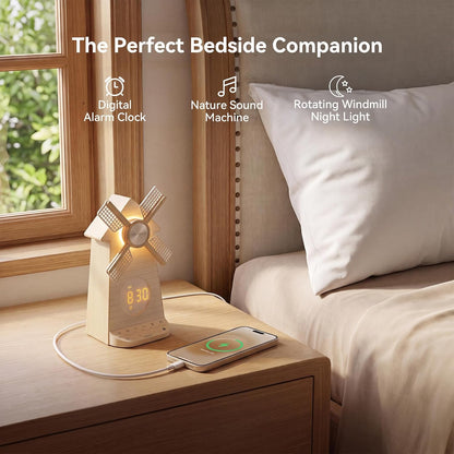 Sunrise Alarm Clock with Rotating Windmill, White Noise Machine for Sleeping with 20 Soothing Sounds, Sound Machine Alarm Clock for Bedrooms Kids Adults, 3-Level Night Light, USB Charger Port