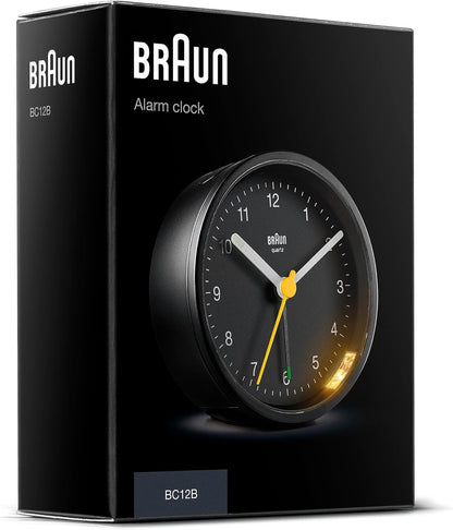 Braun Classic Analogue Alarm Clock with Snooze and Light, Quiet Quartz Movement, Crescendo Beep Alarm in Black, Model BC12B.