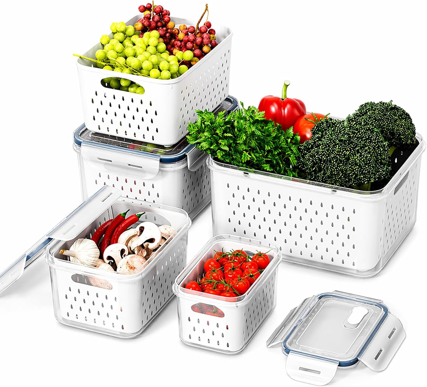 Fruit Storage Containers for Fridge with Removable Colander, Food Storage Containers with Lids, Dishwasher & Microwave Safe, Keep Berry Fruit Vegetable Meat Fresh Longer (Clear Body/Clear Lid)