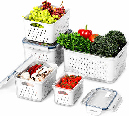 Fruit Storage Containers for Fridge with Removable Colander, Food Storage Containers with Lids, Dishwasher & Microwave Safe, Keep Berry Fruit Vegetable Meat Fresh Longer (Clear Body/Clear Lid)