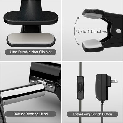 deeloop Clip On Light, 400LM Reading Lamp, Flexible Clamp Light, Black