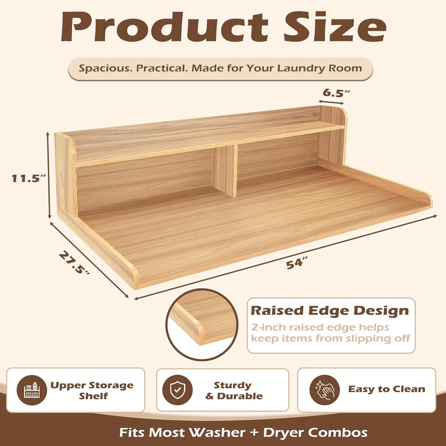 Royxen Laundry Countertop with 2-Tier Shelf Universal Fit, Washer and Dryer Countertop with Storage Space, Shelf Height 11.5 Inches, Solid Wood Core, Walnut
