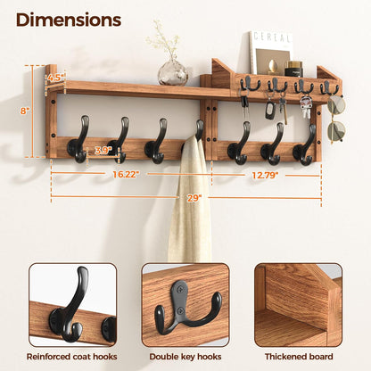 Evermagin 29" Coat Rack Wall Mount with Shelf & 11 Hooks, Entryway, Black | Wooden Wall Mounted Coat and Key Rack with Hooks, Key Hanger with Mail Holder for Living Room, Mudroom, Bedroom