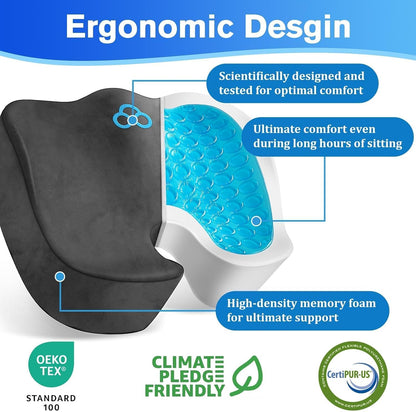 CushyOasis Seat Cushion, Gel Memory Foam Office Chair Cushions, (Black) | Chair Cushion, Anti-Slip Bottom & Removable Cover Tailbone Pain Relief Cushion, Memory Foam Seat Cushion for Office