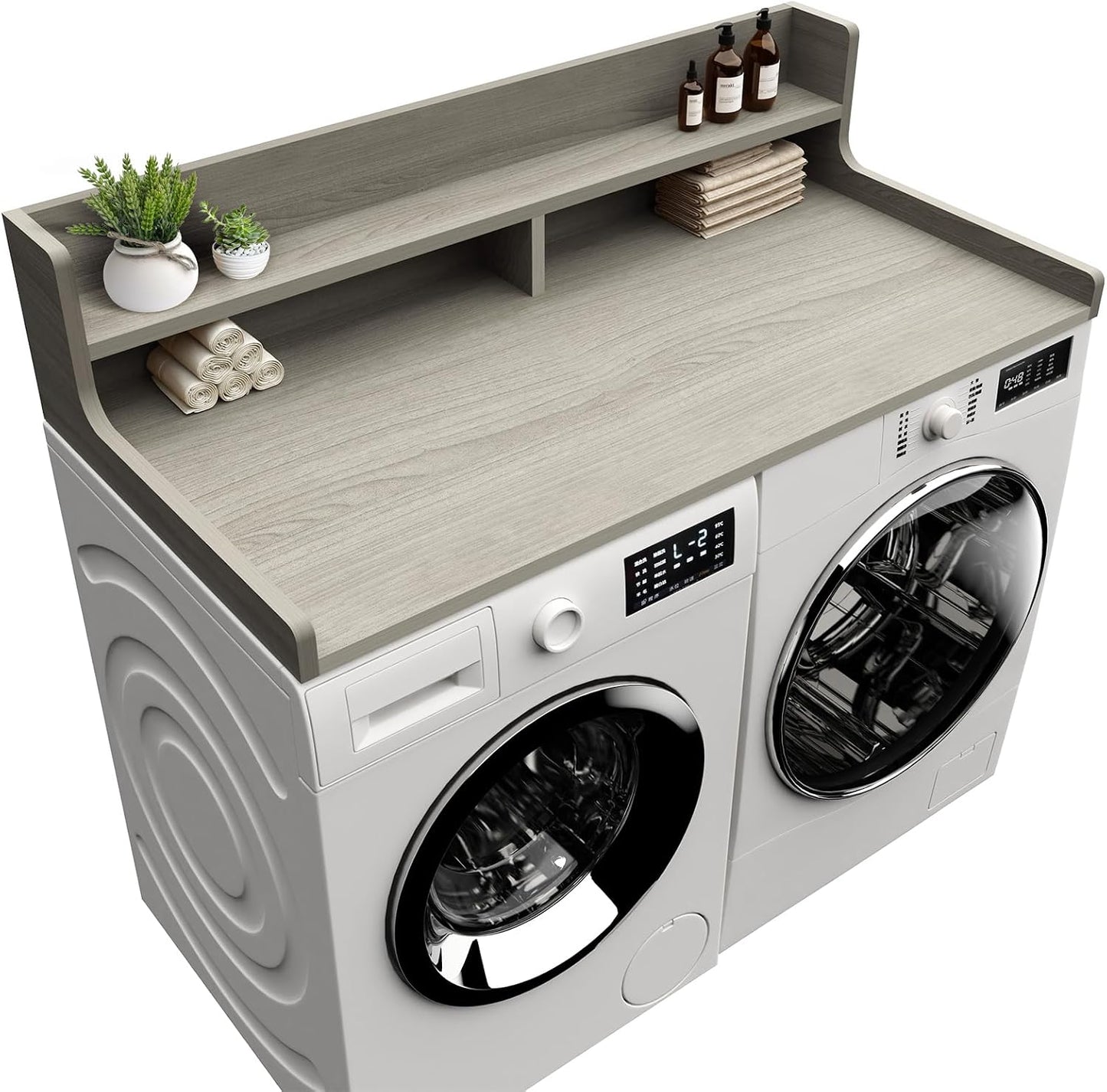 Washer Dryer Countertop, 54" x 27.55" 2-Tier Washer Dryer Topper with Edge, for Laundry Room Organization Oak