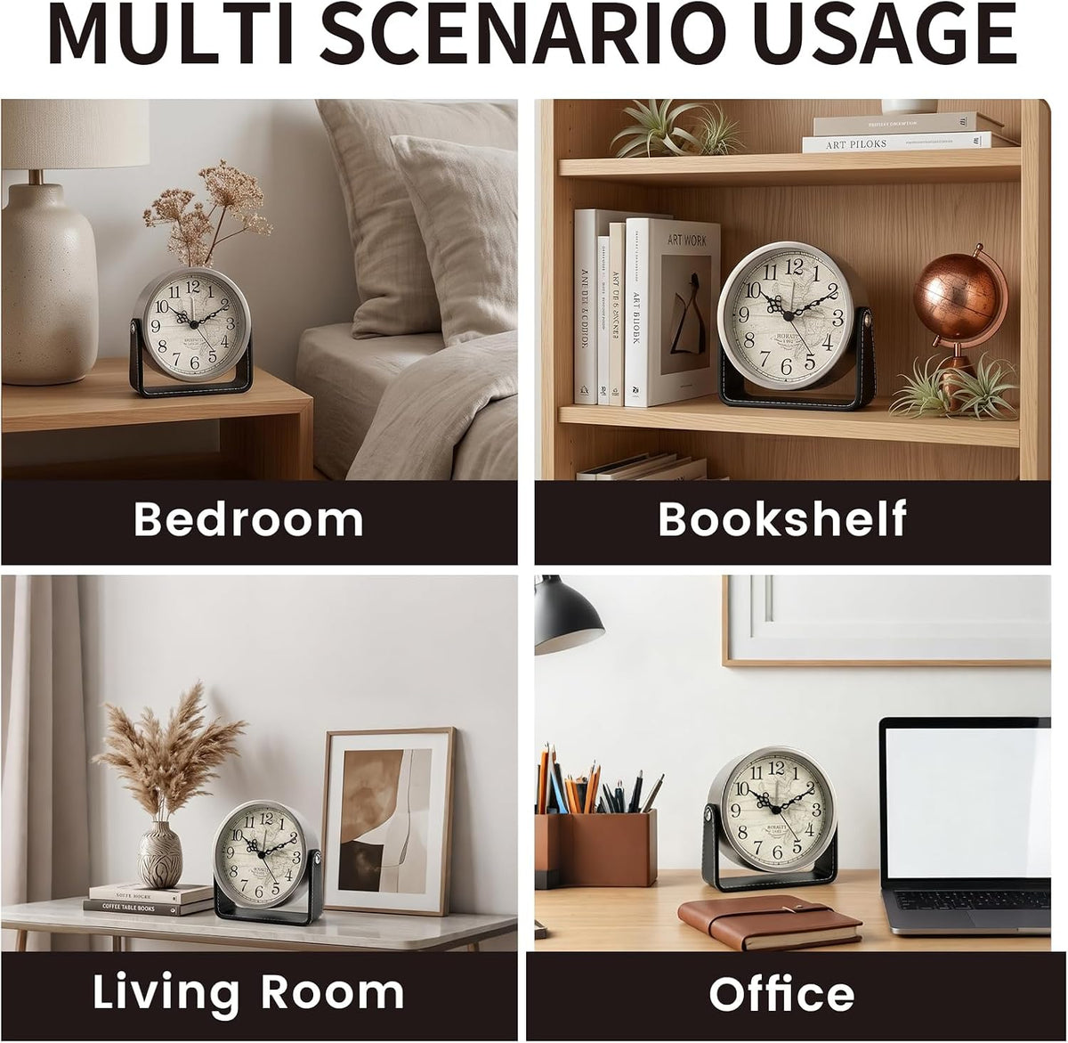 Analog Alarm Clock - 4.5" Silent Non Ticking Small Clock with Light, Rotatable Stand Metal Desk Clock Battery Operated, Simple Design for Living Room Decor/ Bedroom/Bedside/Shelf (Black & White)