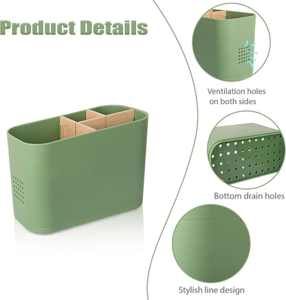 Electric Toothbrush Holder Tooth Brush and Toothpaste Organizer, Black | 3 Slots, Drainage Holes, Removable Bamboo Divider, Ventilation Design, Space-Saving, for Bathroom Countertop, Shower, Vanity