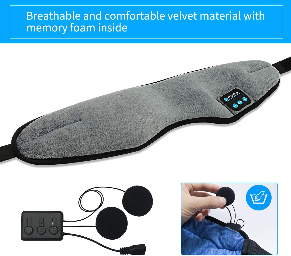 Wireless Sleep Mask,SKEYEOL Sleep Headphones,Adjustable&Washable Music Travel Sleeping Headset with Built-in Speakers Microphone Hands-Free for Air Travel,Siesta and Sleeping Grey