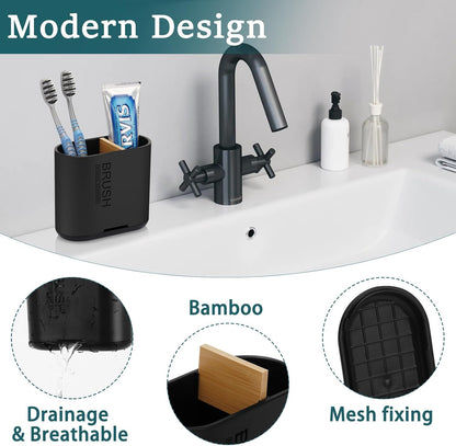 Bamboo Toothbrush Holder for Bathrooms Toothpaste Organizer, Small, White | 2 Slots, Easy to Clean, Plastic, Kids Electric Toothbrush, Drainage, Removable, For Bathroom, Vanity, Kitchen Sink, Office