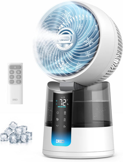 DREO TurboCool Misting Fan 516, 5℉ Drop Cooling Fans that Blow Cold Air | 150°+30° Omni-directional Oscillating, Evaporative air cooler, 26 ft/s Wind, Ultrafine Mist, 20dB, 6 Speeds 2 Modes, White