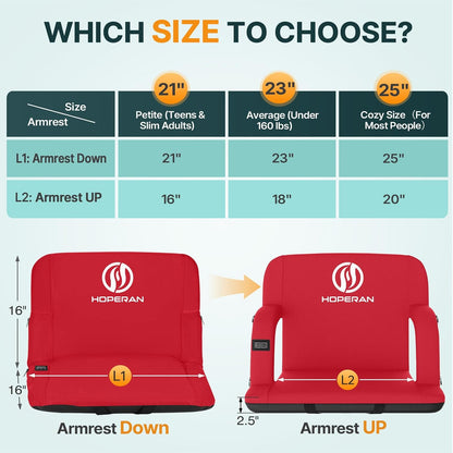HOPERAN Heated Stadium Seats with Back Support, Dual Control, 1-Pack | Independent Seat & Back 3 Level Heat (NO Battery), Soft Cushion, 6 Recliner, Anti-Slip, Side Pockets, Backpack Straps
