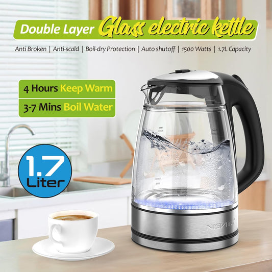 NISVITU 1.7L Dual Wall Cool Touch BPA-Free Electric Kettle, White | Glass Inner+PC Outer, 1500W Fast Boil Cordless Hot Water Boiler Electric Tea Kettle, Auto Shut-Off+Keep Warm