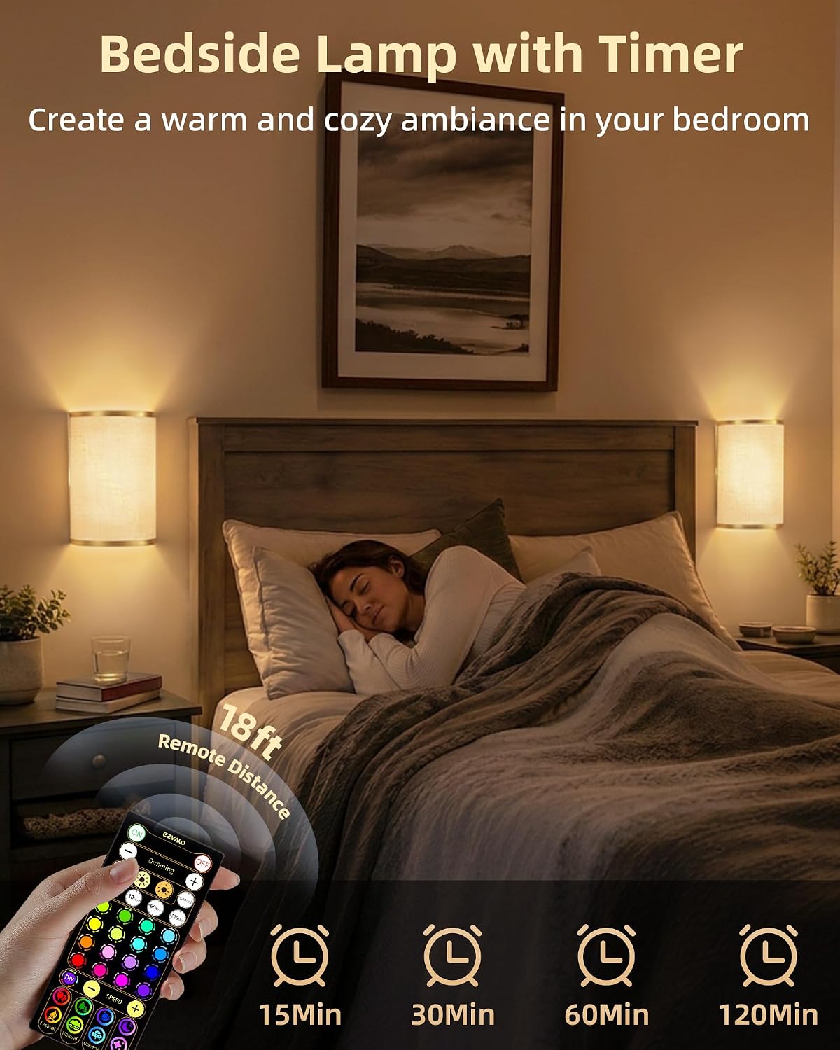 EZVALO Battery Operated Wall Sconce, Rechargeable Wall Sconces Set of Two with Remote, Peel and Stick Wireless Wall Lights, 3 Color & 80 RGB, Dimmable, Timer, Fabric Linen Wall Mount Lamp for Bedroom