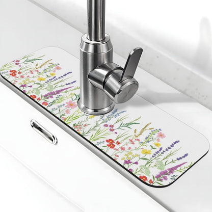 Wildflowers Floral Flower Kitchen Sink Splash Guard Faucet Mat Super Absorbent Fast Drying Mat Sink Gadgets-Fast Drying Pad Sink Mat For Kitchen Bathroom (15" X 5.5" )