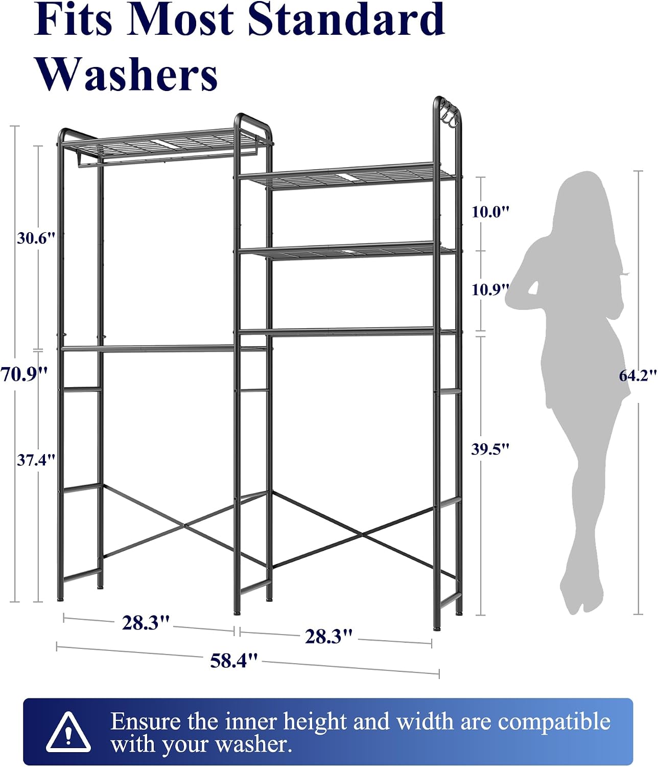 Kitsure Laundry Room Shelves - Multi-Functional Over Washer and Dryer Shelves with Hanging Bar & Removable Hooks, Space-Saving Organizer for Laundry Room, Kitchen, 58.4" W x 13.0" D x 70.9" H, Black