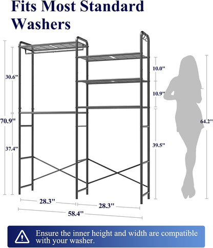 Kitsure Laundry Room Shelves - Multi-Functional Over Washer and Dryer Shelves with Hanging Bar & Removable Hooks, Space-Saving Organizer for Laundry Room, Kitchen, 58.4" W x 13.0" D x 70.9" H, Black