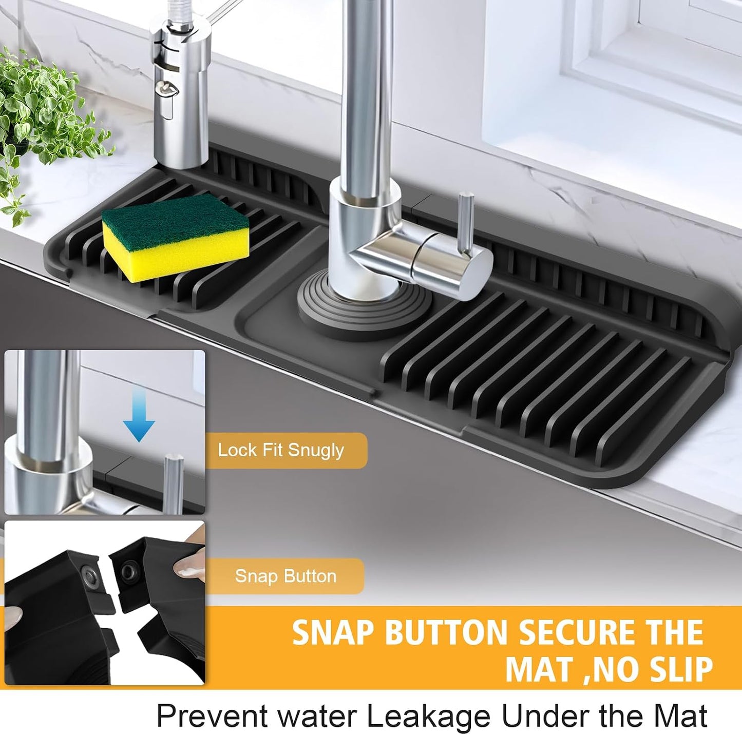 17.7-Inch Kitchen Sink Splash Guard Mat | 7° Slope for Fast Self-Draining | Snap-Lock Design | Universal & Cuttable Silicone Faucet Mat Gray