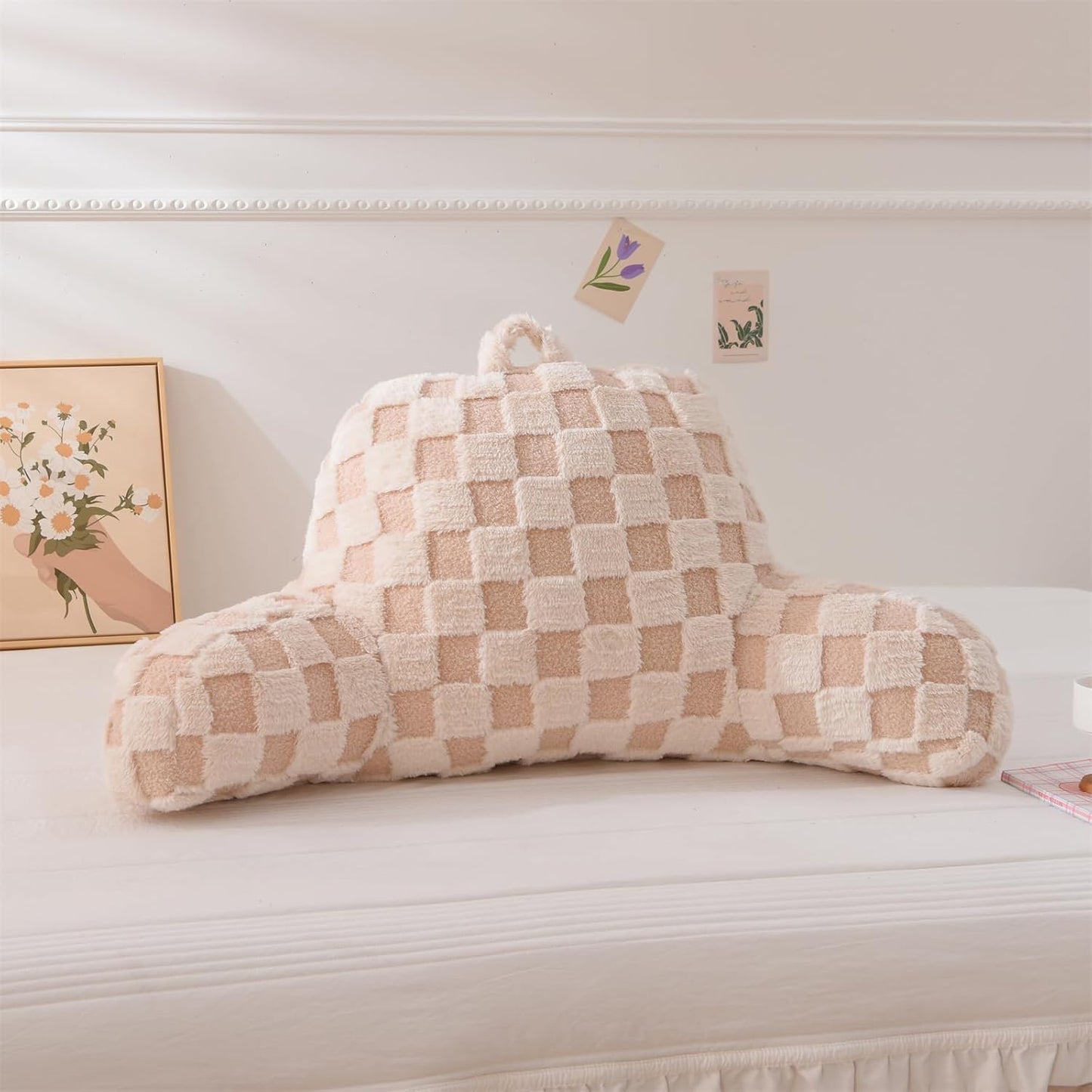 Aimuan Reading Pillow Checkered Bed Rest Wedge Backrest Checkerboard Pillow with Arms Back Support for Sitting Up in Bed Cushion Incline Rest Sleeping Snoring Pillow (Beige,Large)