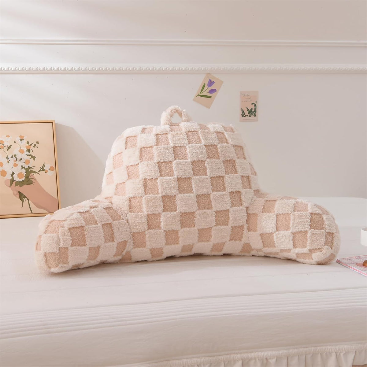 Aimuan Reading Pillow Checkered Bed Rest Wedge Backrest Checkerboard Pillow with Arms Back Support for Sitting Up in Bed Cushion Incline Rest Sleeping Snoring Pillow (Beige,Large)