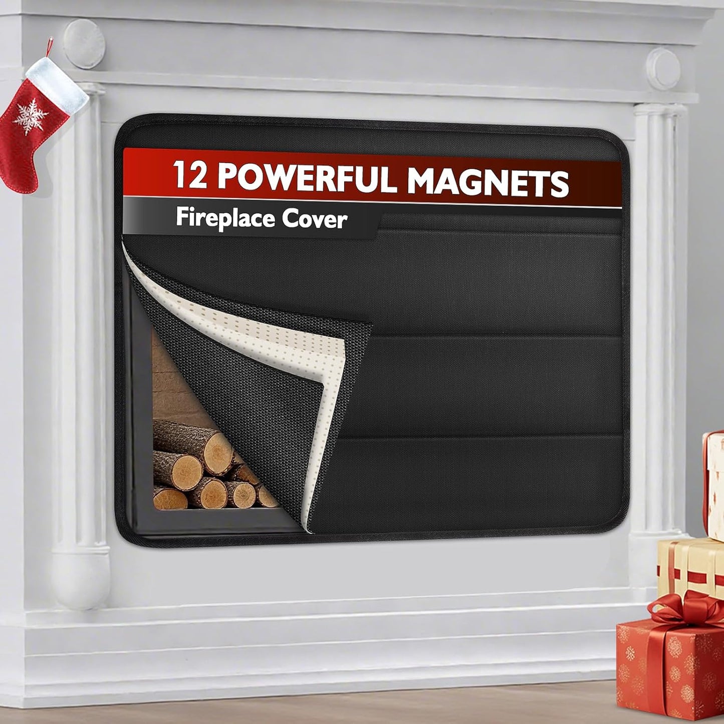 Magnetic Fireplace Cover Indoor to Block Cold Air Reduce Energy Costs, Fireplace Blanket Draft Stopper with Built-in 12 Strong Magnet for Iron Frame 39" W x 32" H, Black