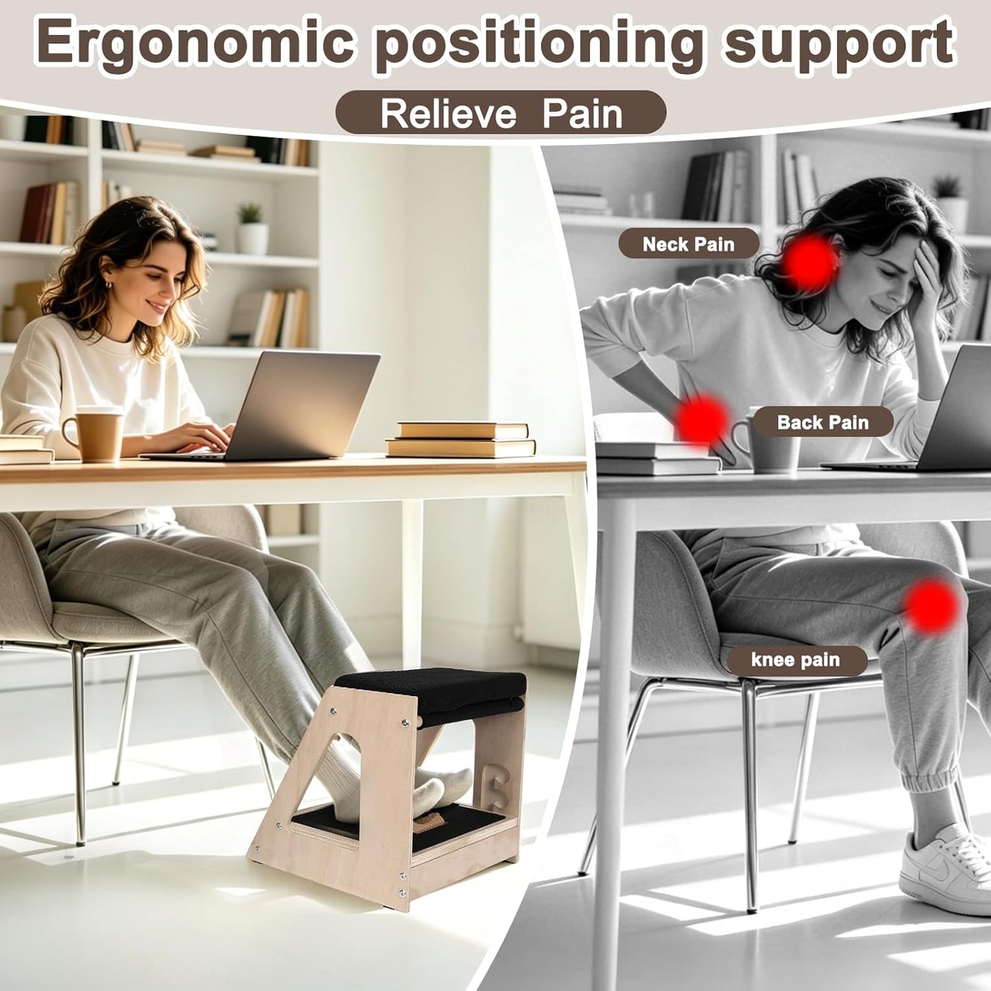 Natheeph Foot Rest Under Desk, Ergonomic Foot Stool with Massage, 4 Height | Top Padded Footrest + 3 Height Settings Massage Board, Desk Foot Rest for Office, Gaming, Living Room, Wooden, Non-Slip Base