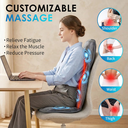 Back Massager with Soft Plush Fabric Cover, Massage Seat Cushion with 8 Vibration Motors & 2 Heating Levels, Chair Massager for Recliner, Office Chair, Sofa Use